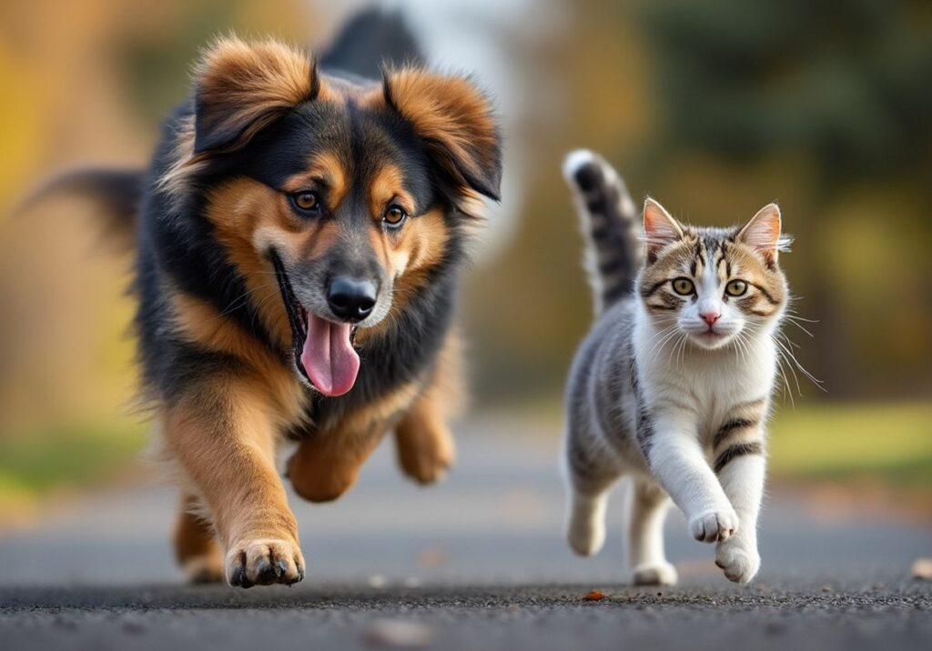 photo d'un chien qui court derrière un chat